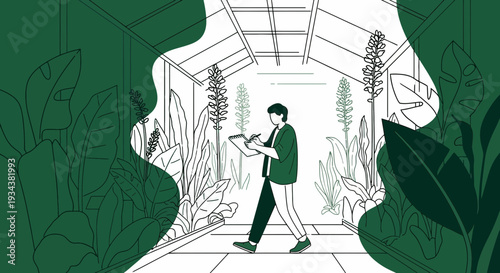 Botanist inspecting plants in a greenhouse, line art with green watercolor accents