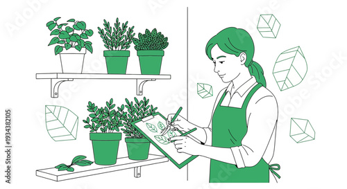 Botanist Sketching Plants in Greenhouse, Nature Study, Herbalism