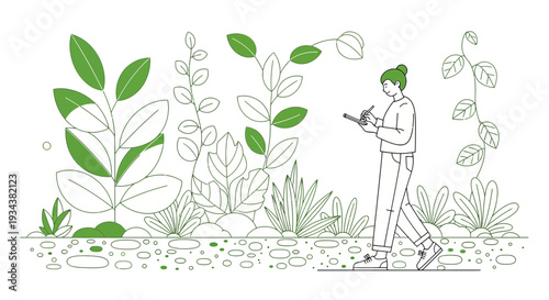 Botanist Sketching Plants in Lush Garden - Line Art Illustration