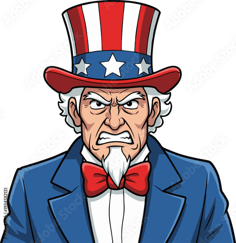 Angry Uncle Sam Cartoon Character with Patriotic Hat and Bowtie.