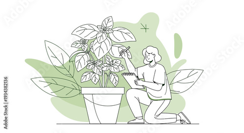 Botanist Studying Plant Growth in Potted Basil Plant, Illustration