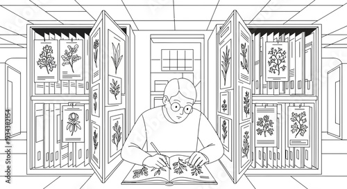 Botanist Studying Plant Illustrations in Archive Library