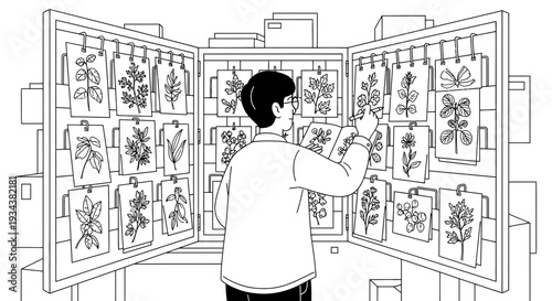 Botanist Studying Plant Illustrations in Cabinet
