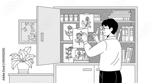 Botanist Studying Plant Illustrations in Cabinet