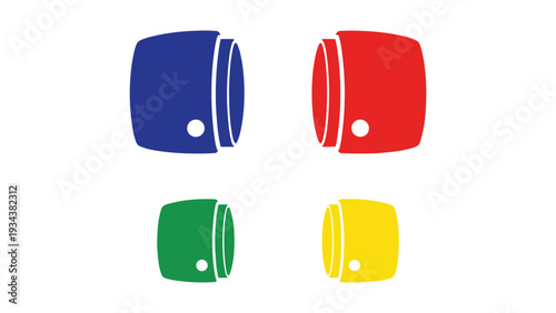 Colorful geometric shapes with circular cutouts resembling dice or game tokens