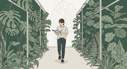 Botanist Working in Greenhouse with Lush Greenery and Large Leaf Silhouette