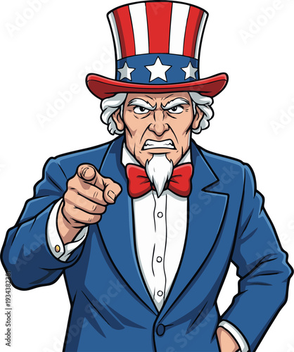 Angry Uncle Sam Pointing Finger, Patriotic American Symbol.