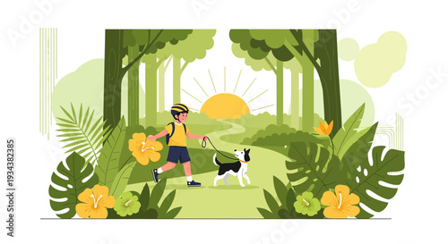 Boy and Dog Walking in Lush Green Forest Path at Sunrise