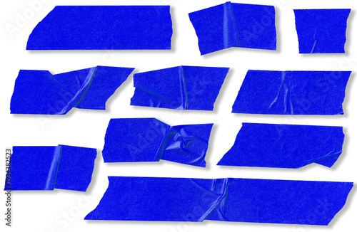 Blue Adhesive Tape Strips Set, Torn Sticky Masking Tape Pieces, Realistic Blue Scotch Tape Overlay on Transparent Background