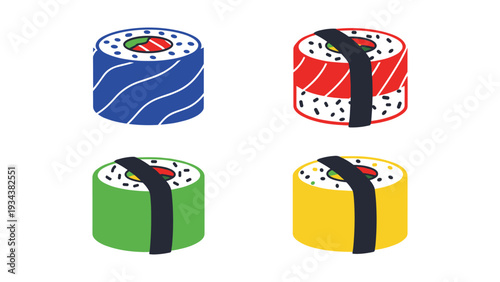 Four stylized sushi rolls with different colorful toppings and wraps