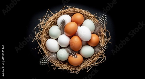 bird nest with eggs and feathers on a dark background