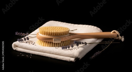 Body brush and towel with lavender on black surface
