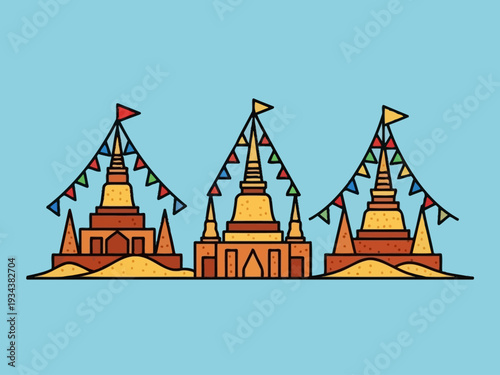 Three Traditional Thai Sand Pagodas Decorated with Flags.