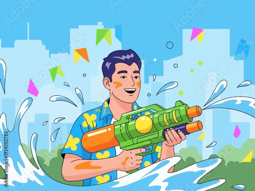 Man happily playing with a water gun during a festival.