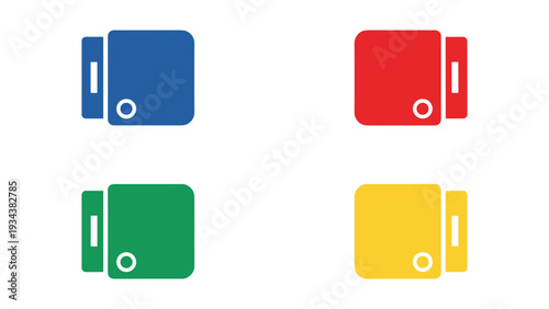 Four color-coded binders with circular fasteners displayed in a grid layout