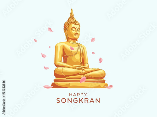 Golden Buddha Statue Meditating Surrounded by Falling Flower Petals.