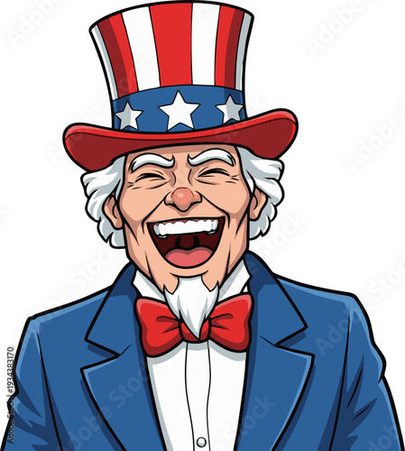 Happy Uncle Sam Cartoon Character Laughing with Patriotic Hat and Bow Tie.