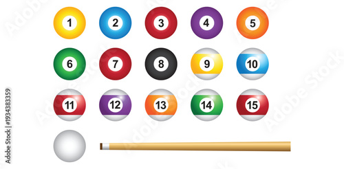A colorful illustration of pool balls and a cue stick on a white background