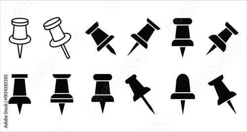 Push Pin Icons Set Black White Vector Illustration