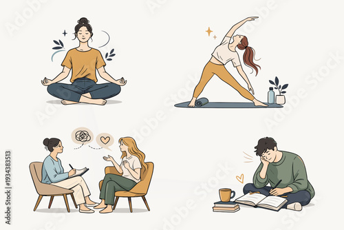 Mental Wellness, Yoga Practice and Therapy Session Self Care Flat Vector Illustration Set