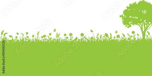 A vibrant green silhouette illustration depicting a lush meadow filled with various wildflowers, butterflies, and a prominent tree against a clean white background.