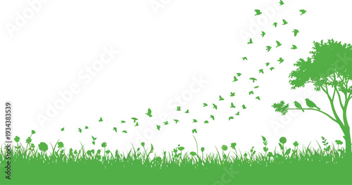A vibrant green silhouette illustration depicting a flock of birds taking flight from a large tree over a field of grass and flowers.