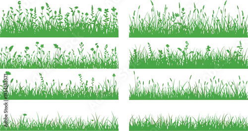 Collection of eight different green grass and wildflower borders silhouettes isolated on a clean white background