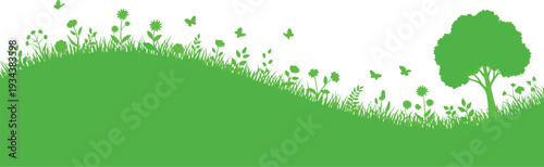 A vibrant green silhouette illustration depicting a beautiful spring landscape with a grassy hill, wildflowers, and butterflies flying around a single tree.