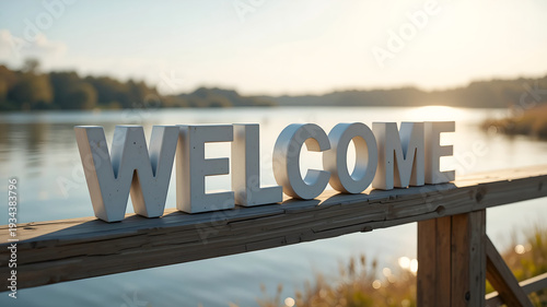 Welcome Sign on Wooden Deck Overlooking Calm Lake – Hospitality Greeting and Invitation Concept