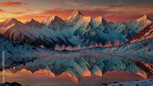 Stunning Snow-Capped Mountains Reflected in Calm Lake at Sunset