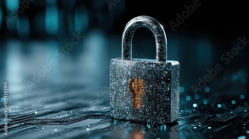 Digital padlock symbolizing cybersecurity, data protection, encryption technology, and privacy in a futuristic technology background with glowing circuits