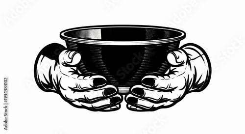 Two hands cradling a black, ribbed bowl with hatching detail