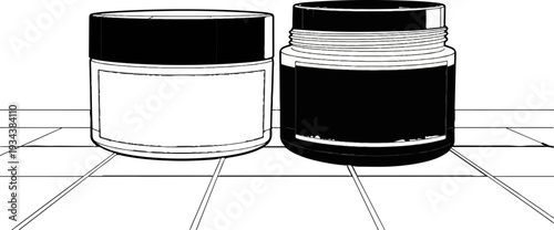 Two jars, one with a blank label and the other with dark contents, on a tiled surface