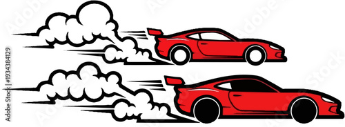 Two red cars leaving smoke trails as they speed forward
