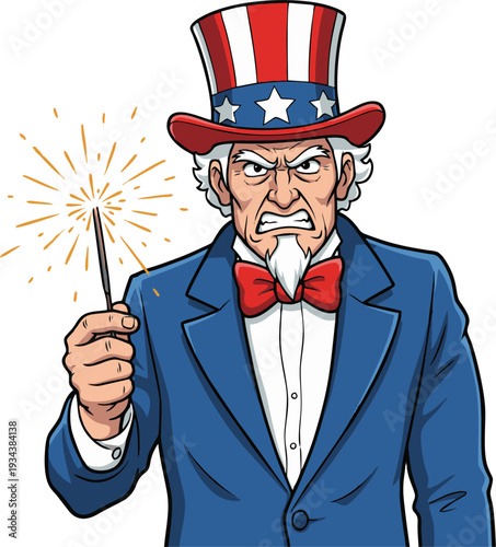 Angry Uncle Sam Holding Sparkler for Fourth of July Celebration.