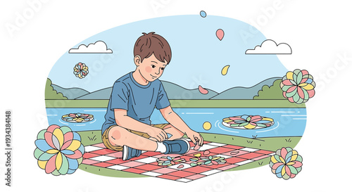 Boy Doing Jigsaw Puzzle Picnic by Lake, Summer Day