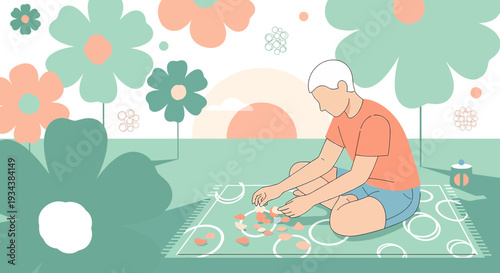 Boy Doing Jigsaw Puzzle Outdoors Surrounded by Abstract Flowers, Peaceful Childhood Activity