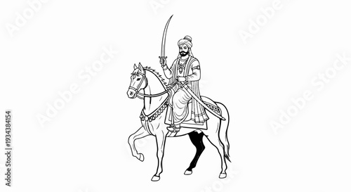 Warrior on horseback holds a curved sword aloft