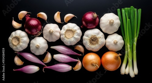 Variety of onions and garlic bulbs on display