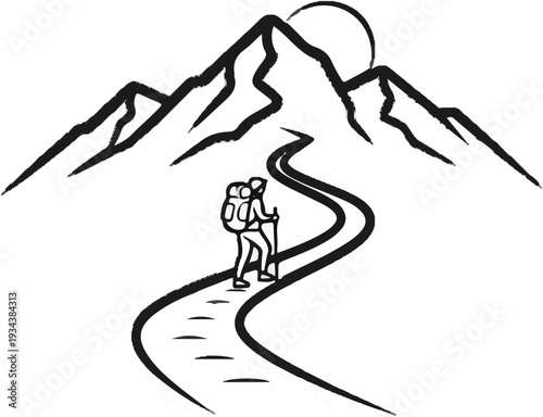 A lone hiker ascends a winding path towards a majestic mountain peak at sunrise