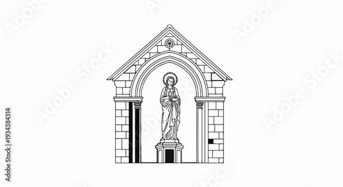 A line drawing of a statue of a robed figure under an arched architectural element