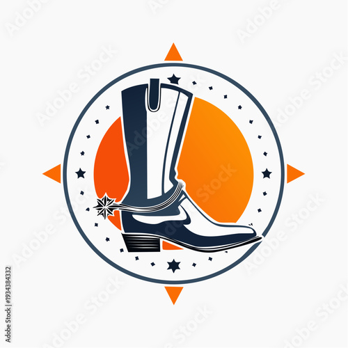 Cowboy boot with spurs and compass design, symbolizing adventure and Western style