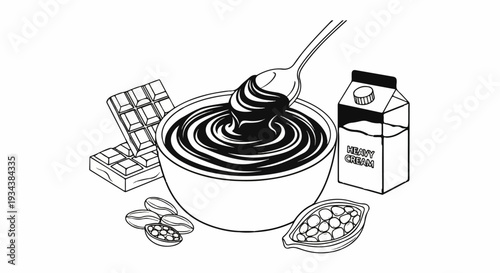 A luscious bowl of melted chocolate with a spoon, alongside chocolate bars and ingredients