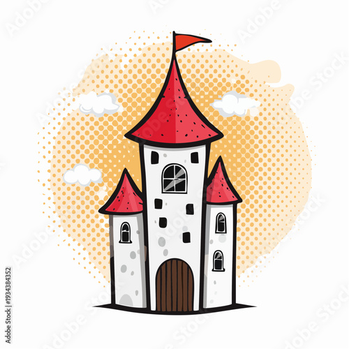 Cartoon castle with red roof, windows, and flag on a yellow background with clouds
