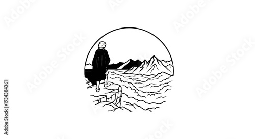 A person gazes at a vast mountain landscape from a cliff