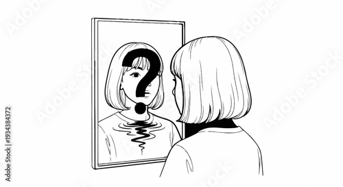 A person's reflection in a mirror shows a large question mark over their face