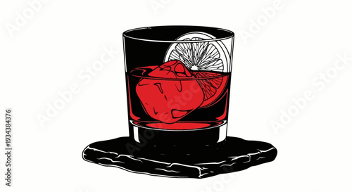 A red cocktail in a glass with ice and a lemon slice on a coaster