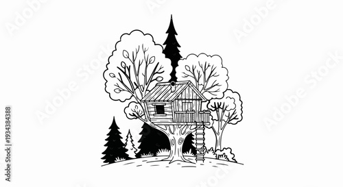 A rustic treehouse nestled amongst lush green trees in a forest