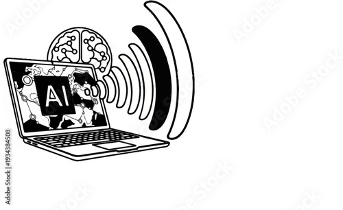 A laptop displays "AI" with a brain and signal waves emanating from it