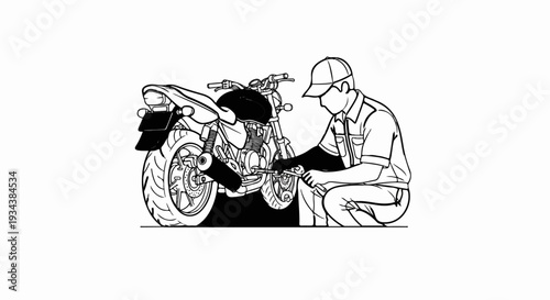 A person wearing a cap works on a motorcycle's engine with tools